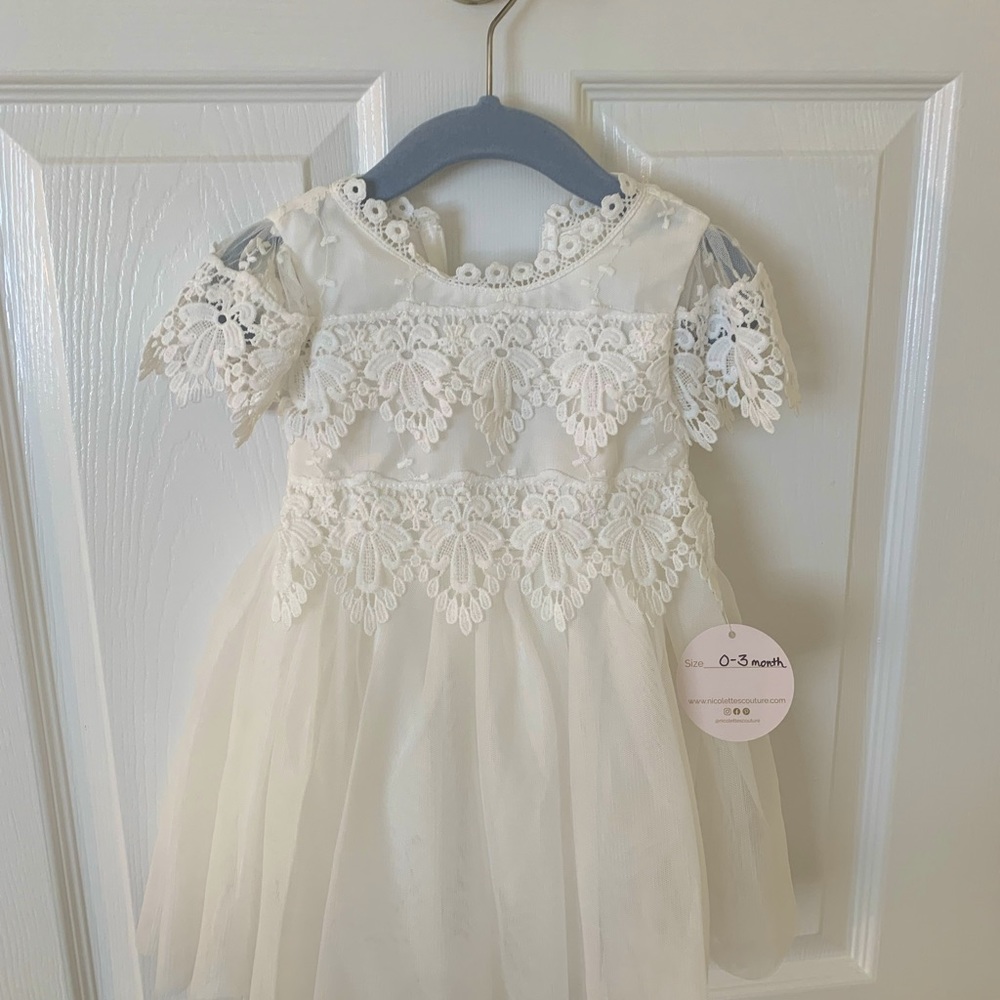 Baby girl white lace baptism dress, 0-3 mos and 6-9 mos